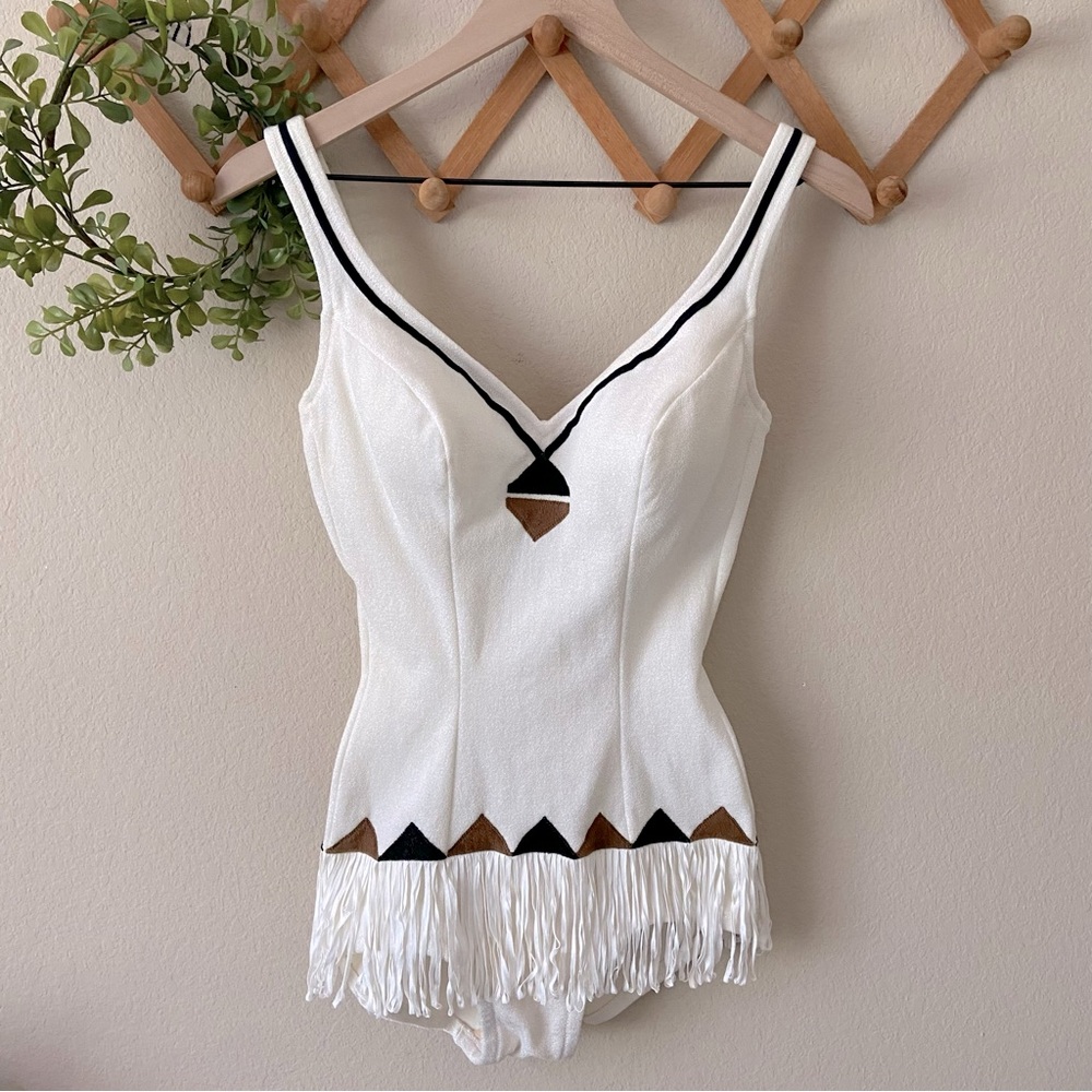 Vintage White and Brown One Piece Swimsuit